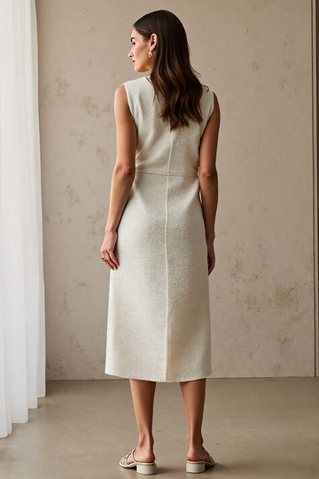Ivory Midi Sheath Round Neck Work Dress